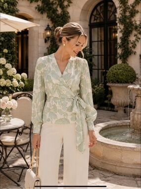 Hobbs London Mint Green Floral Faux Wrap Blouse | UK 10 / US 6 | Waist Tie